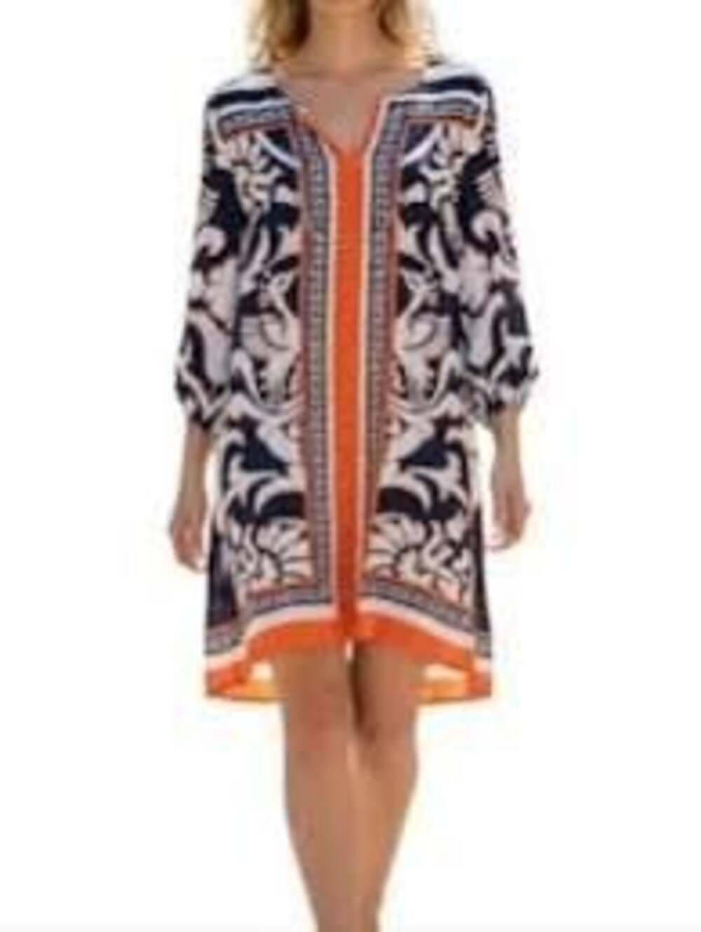 Crown & Ivy Women's Navy and Orange Greek Key Phoenix Print Tunic Dress Size 6